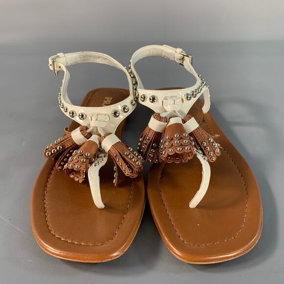 PRADA Size 6.5 Brown White Leather Studded Thong Sandals - Picture 4 of 8